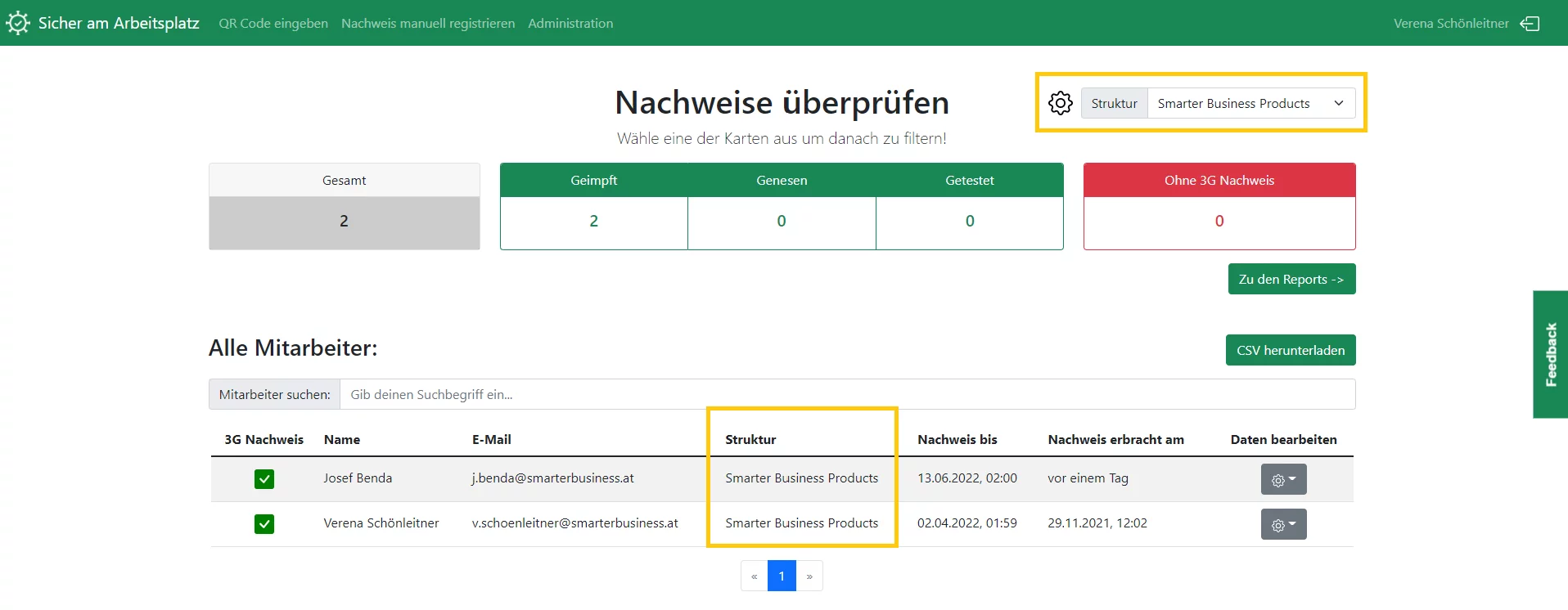 3G Konzern mehrere Standorte: Mitarbeiterübersicht eines Standortes