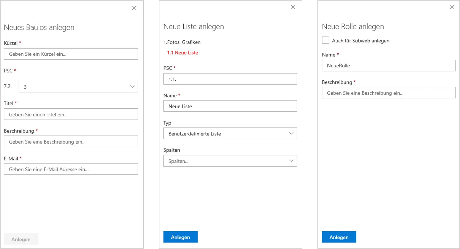 Panel for creating a list inside the Excel add-in