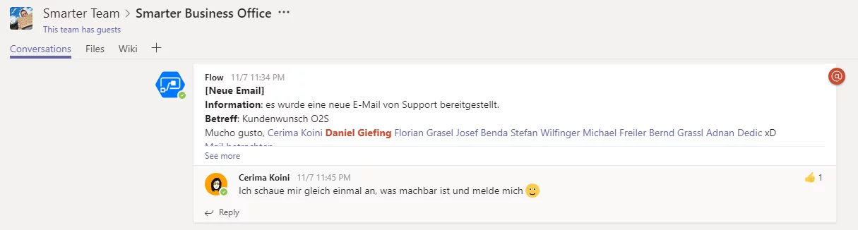 Flow bot post announcing a freshly stored Outlook email in Teams