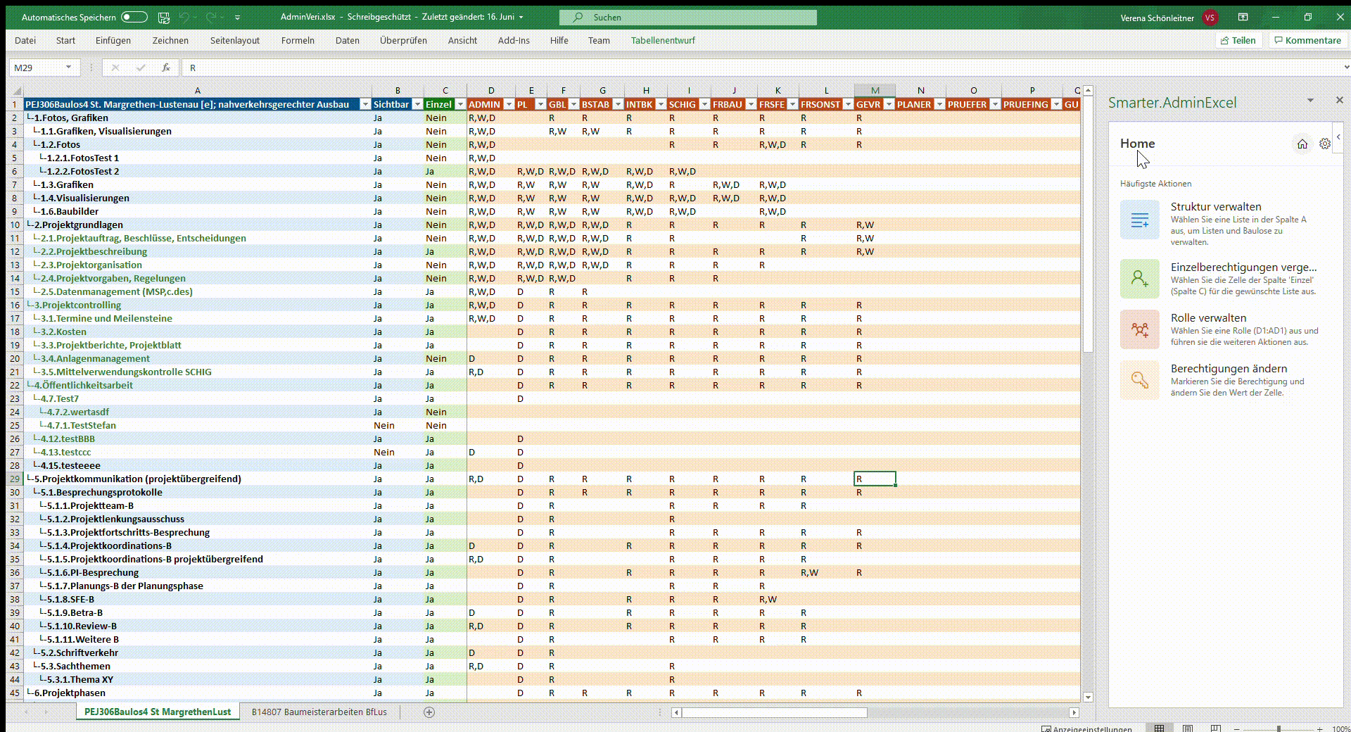 Conditional formatting that separates list, permission, and role areas in the Excel add-in
