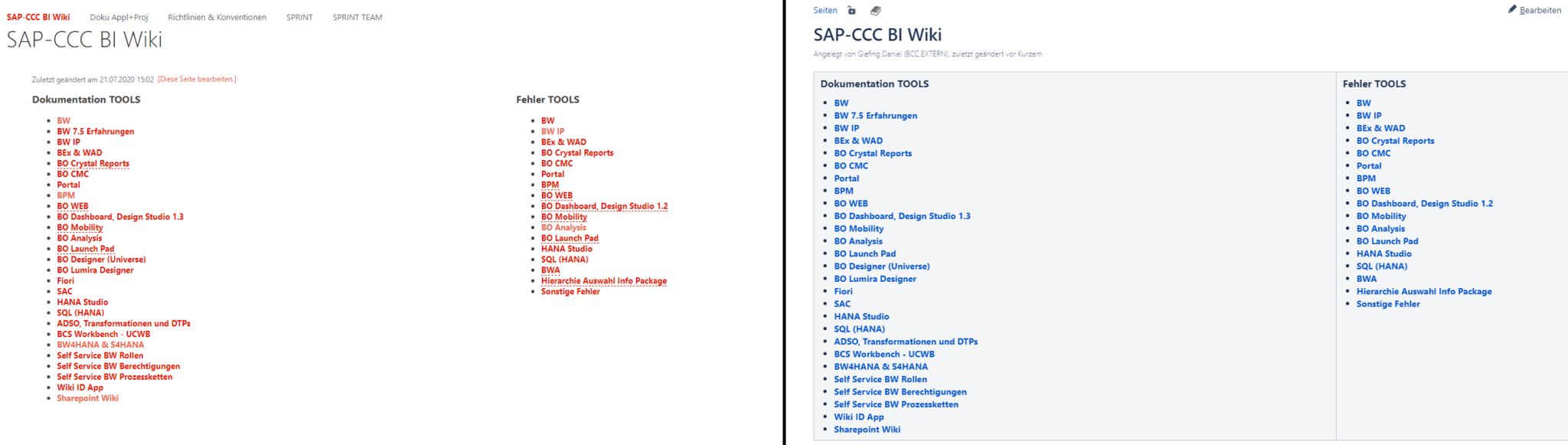 Screenshot comparing the SharePoint wiki page on the left and the migrated Confluence page on the right