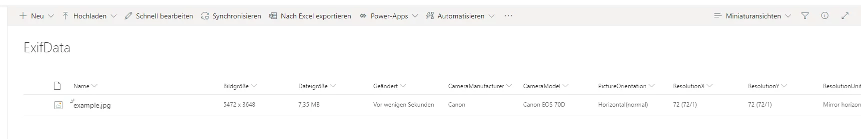 Exported metadata in image library