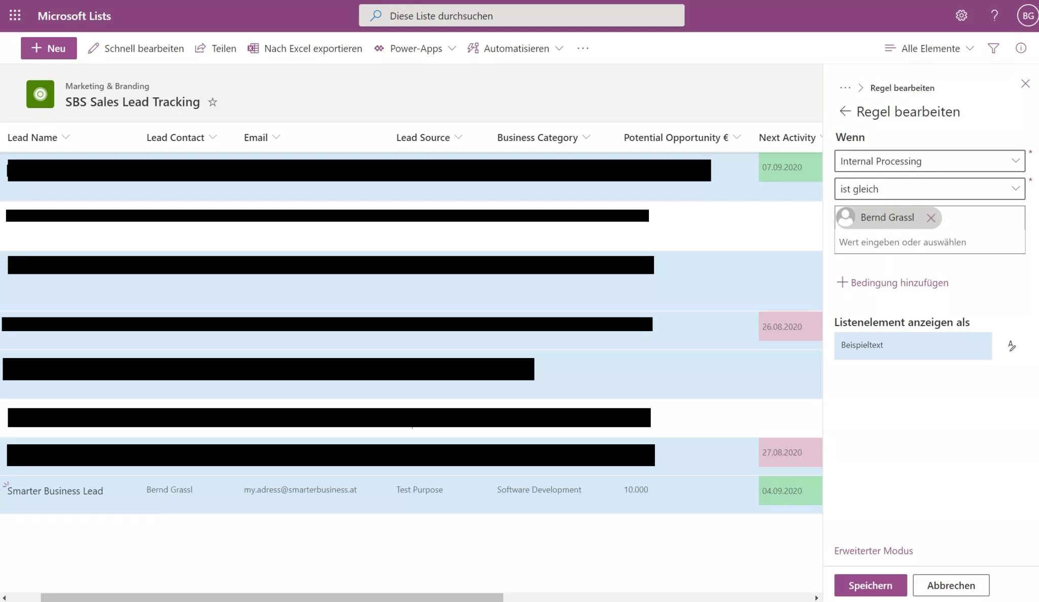 Color-coded Microsoft Lists view with due dates and owners