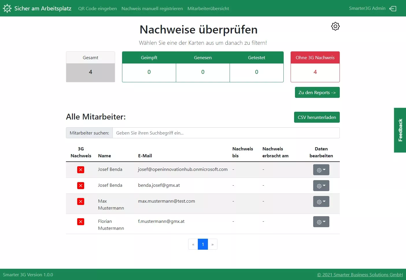 3G Nachweis Stichproben - Dashboard für Administratoren