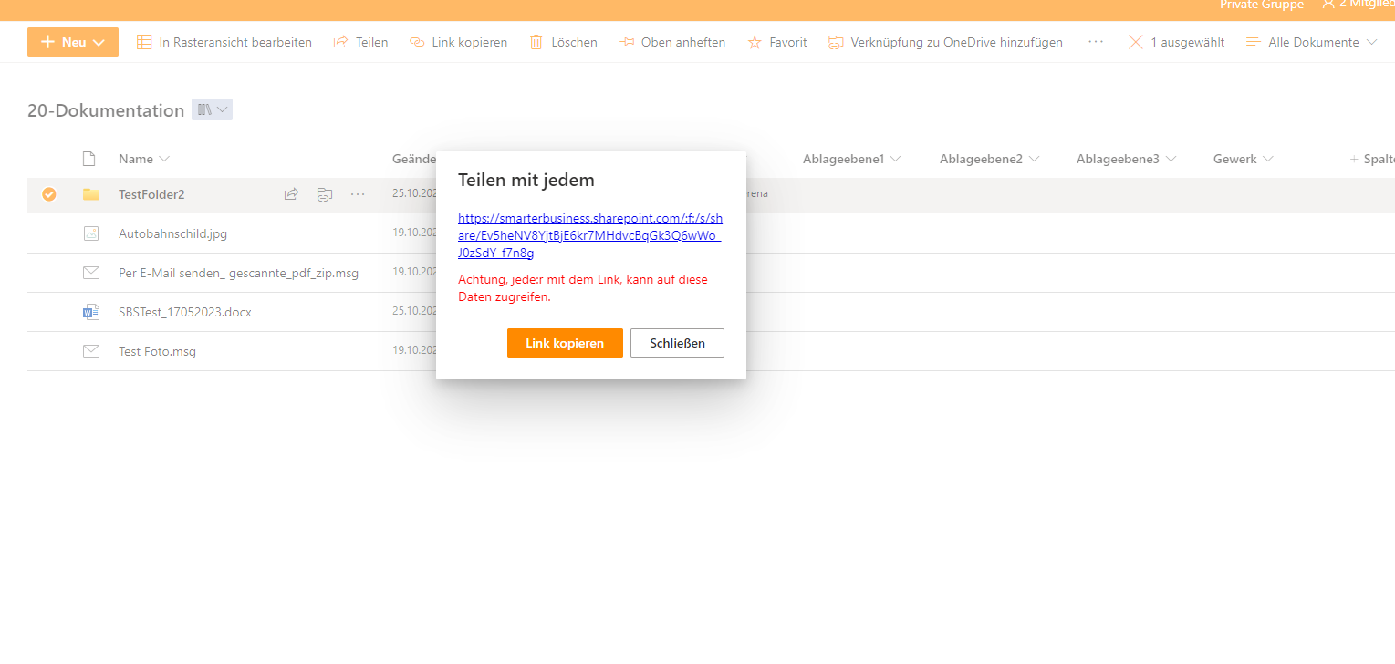 Generated anonymous sharing link in /sites/share