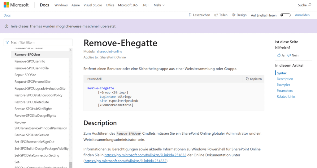 SharePoint Online Powershell remove-ehegatte