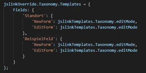 List of SharePoint taxonomy fields with highlighted internal names