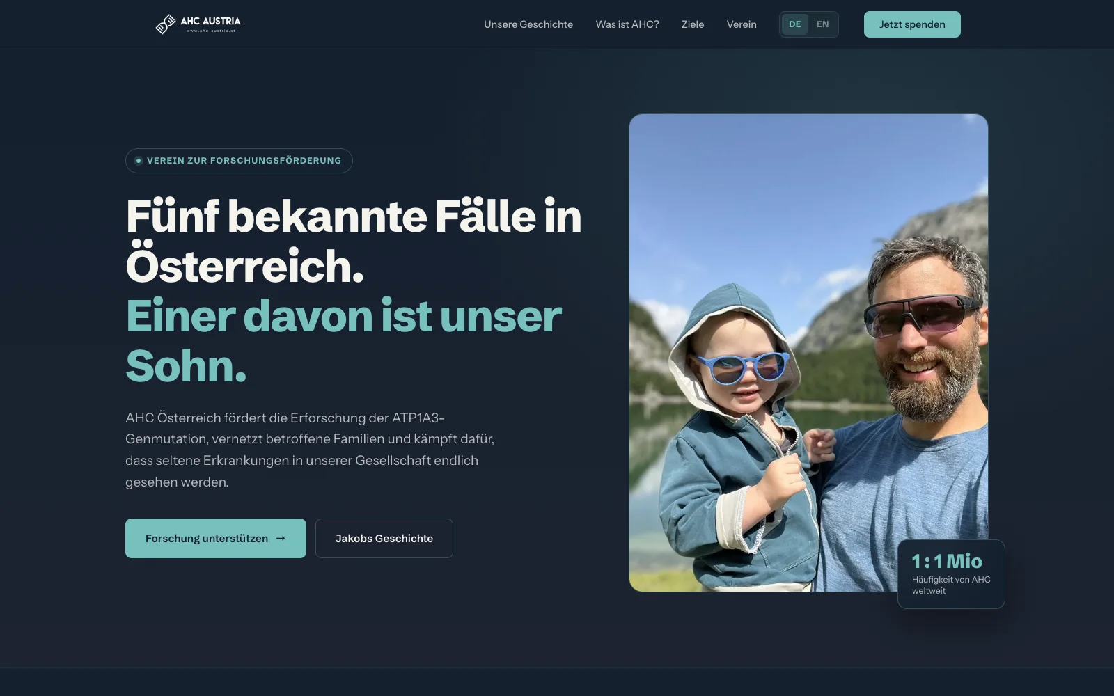 Startseite von ahc-austria.at mit der Überschrift „Fünf bekannte Fälle in Österreich. Einer davon ist unser Sohn."