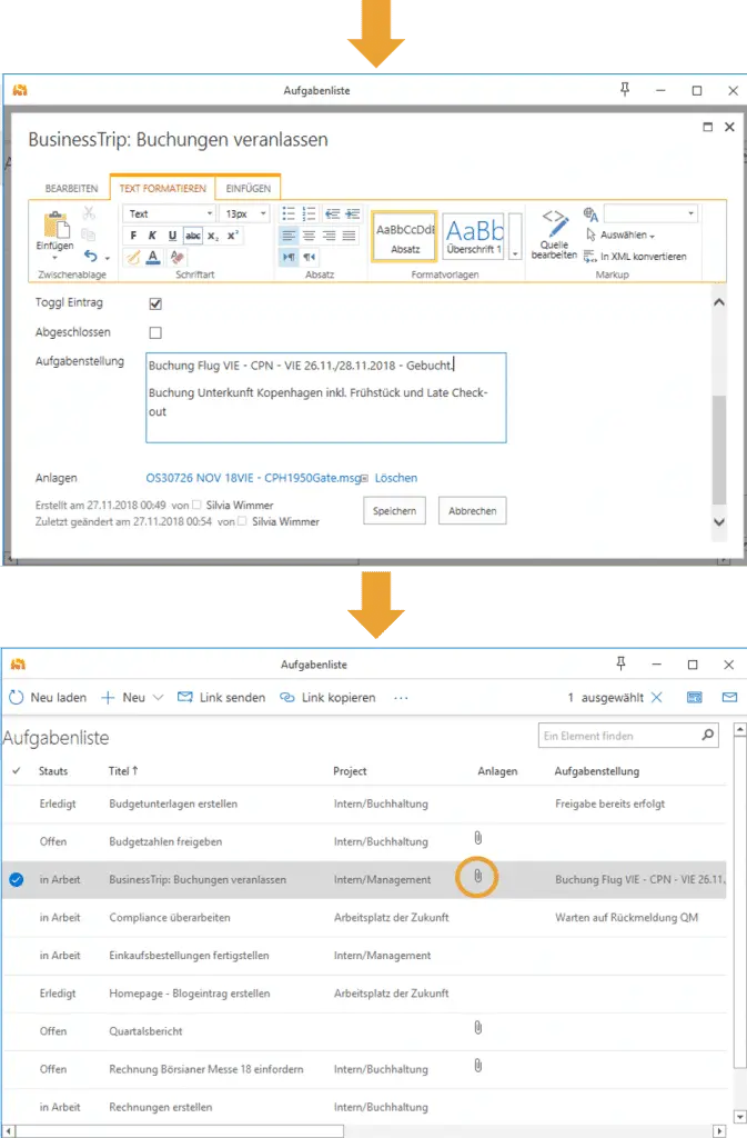 Outlook shows the attachment upload to SharePoint in the background
