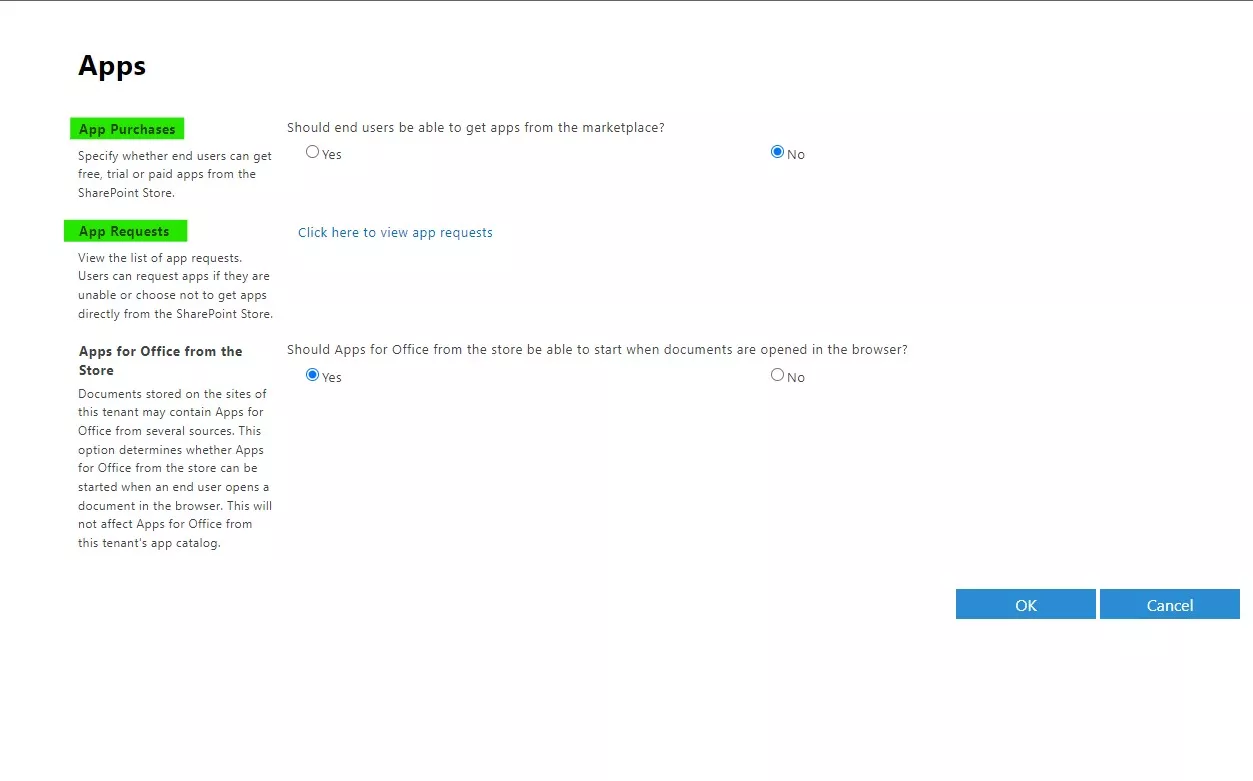 Request apps from the SharePoint Store β configure store settings. This page also links to app requests.