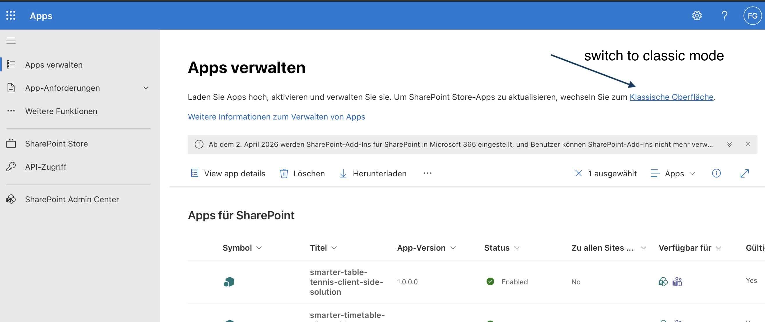 Wechsel zur klassischen App-Verwaltung