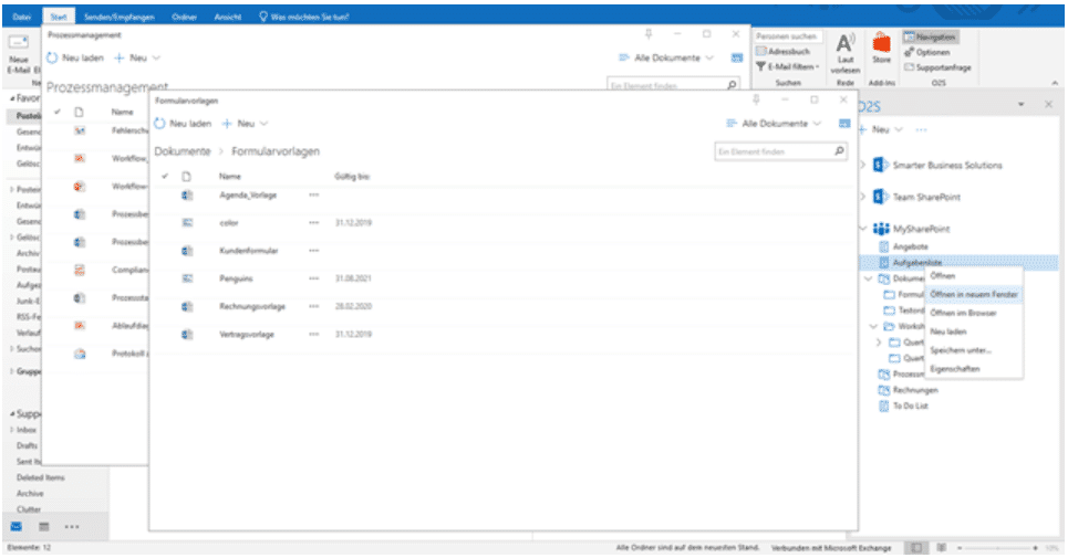 SharePoint-Liste in einem neuen Outlook-Workspace-Fenster