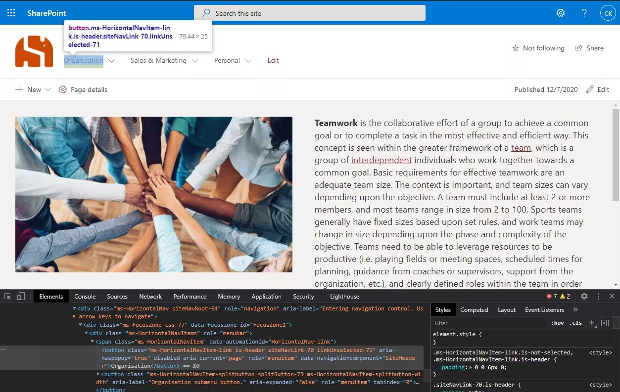 Design von Modern Pages in SP Online – Klassennamen über die Entwicklertools finden