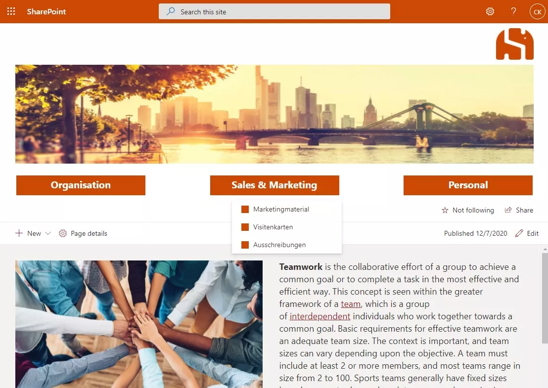 Design von Modern Pages in SP Online – Ergebnis