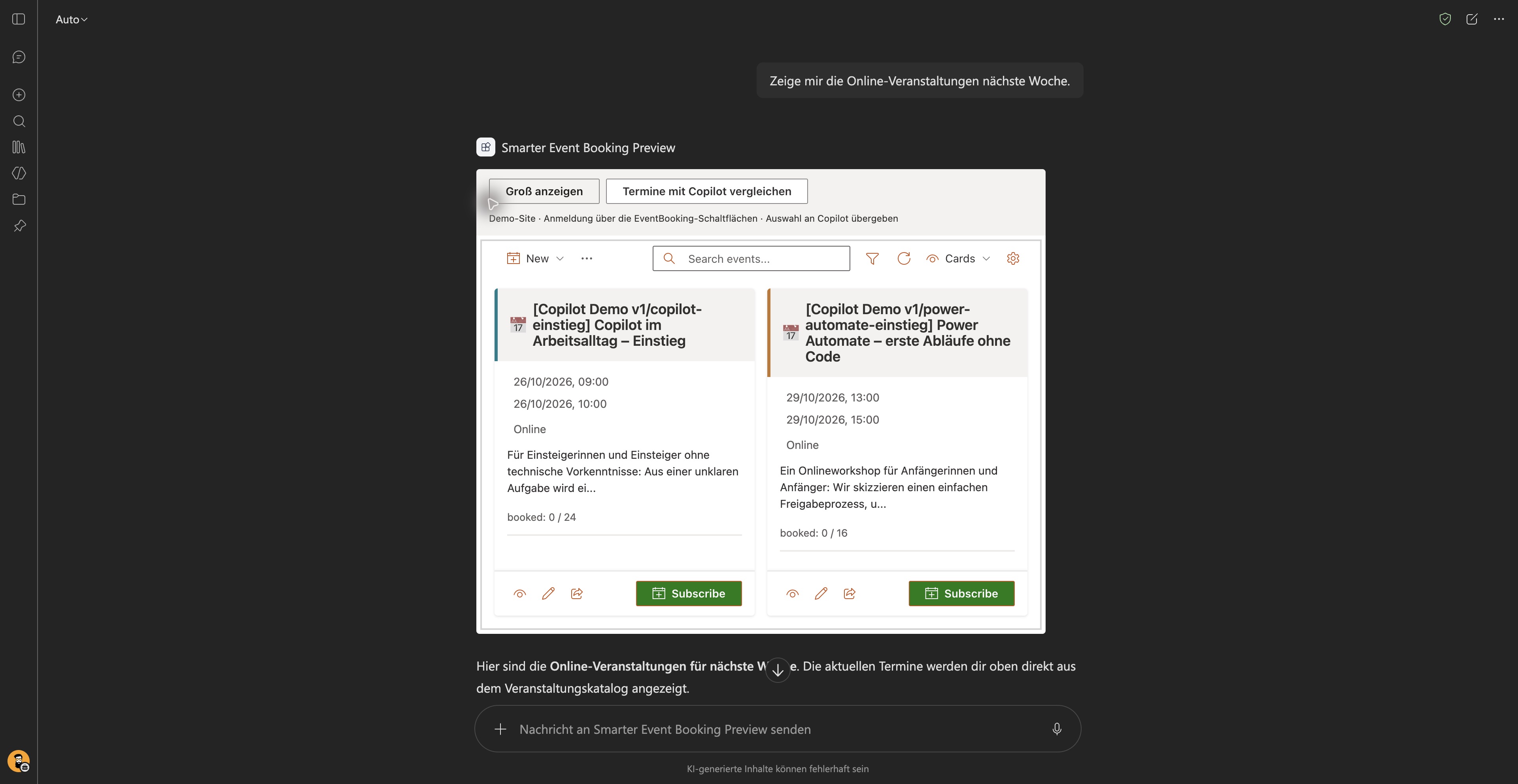 EventBooking direkt im Copilot-Chat mit zwei Online-Terminen und Anmeldebuttons