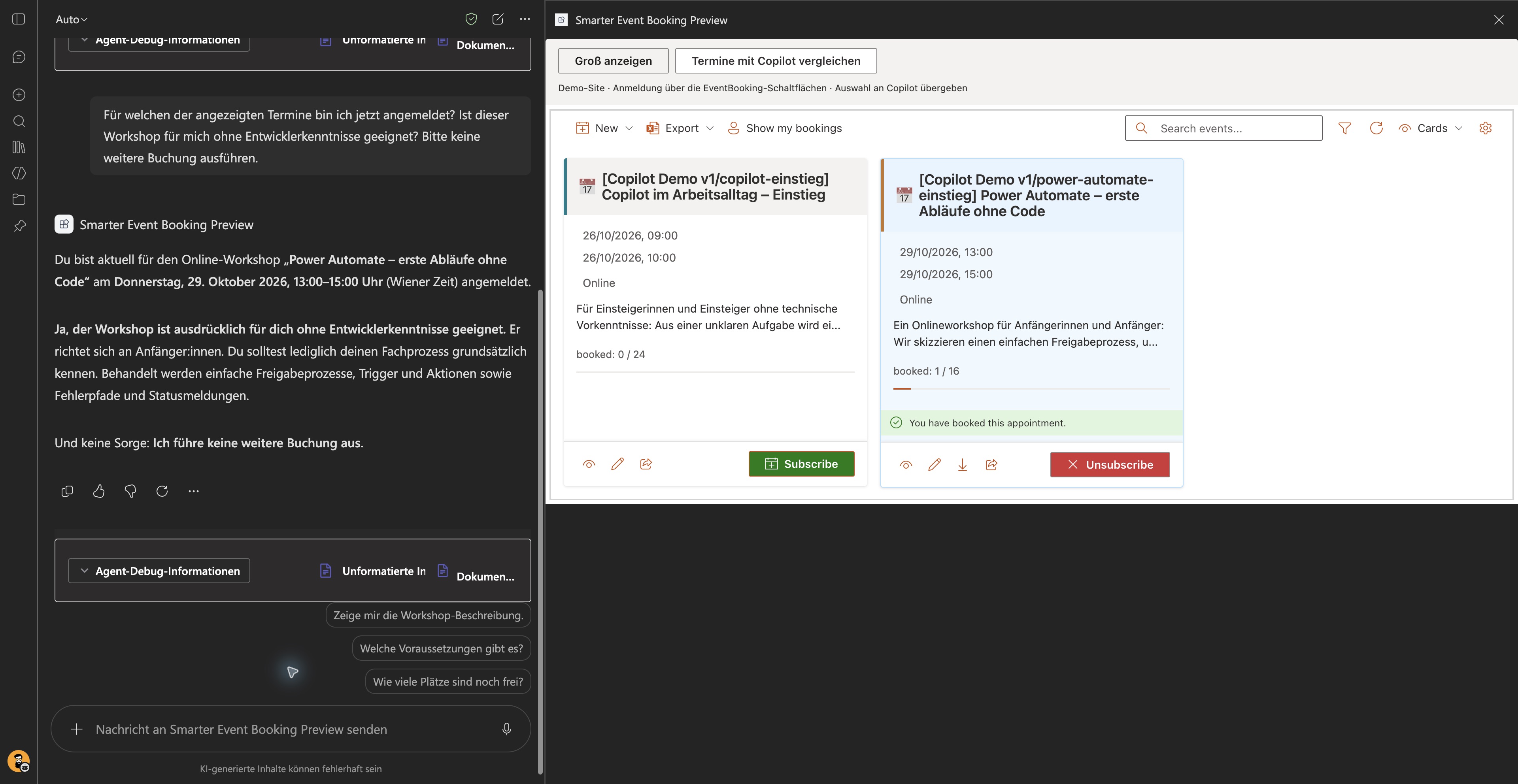 EventBooking direkt in Microsoft 365 Copilot: originale Produktkarten mit bestätigter Anmeldung rechts und Rückfrage zum gebuchten Workshop links