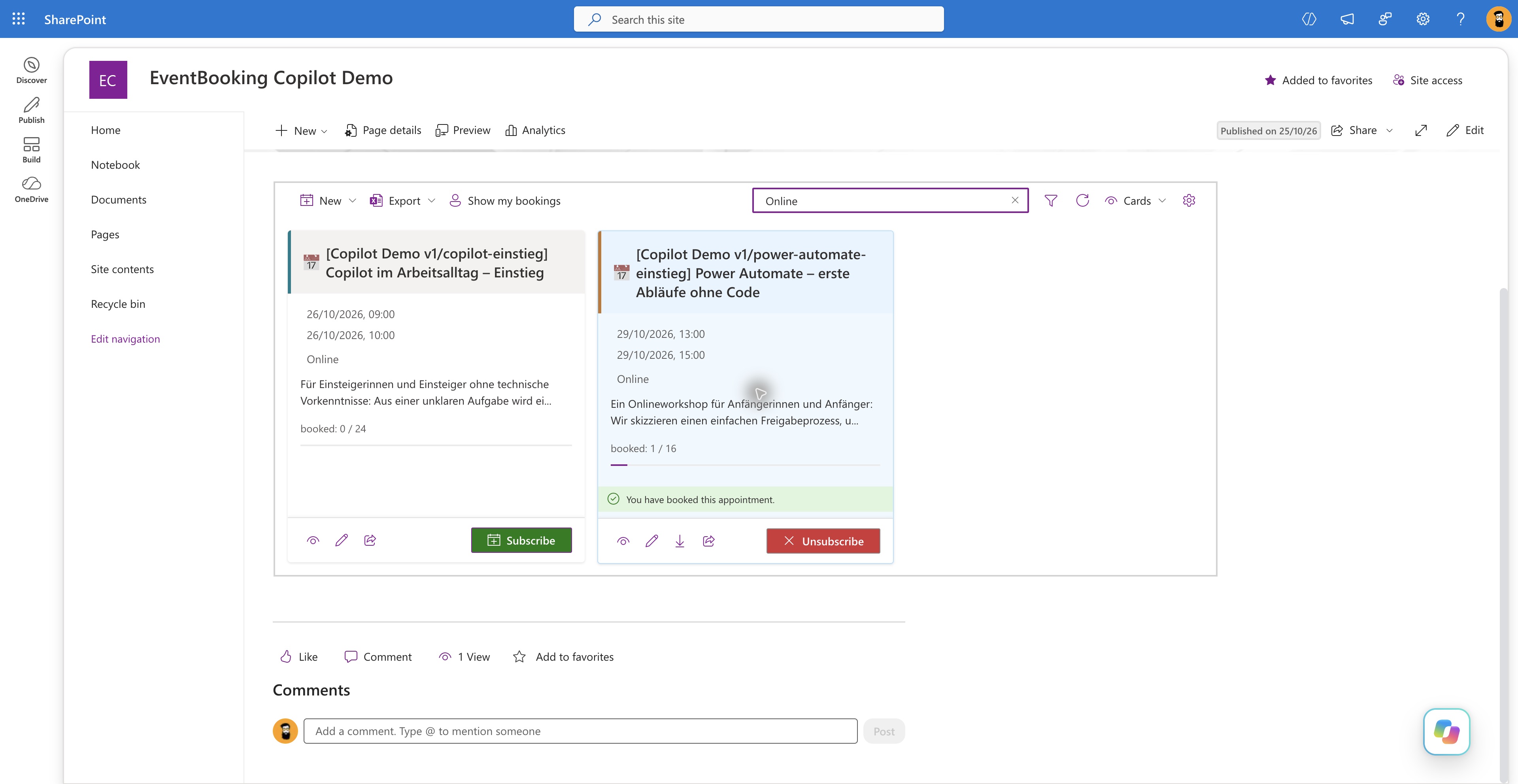 EventBooking auf SharePoint mit denselben Karten und derselben bestätigten Anmeldung wie in Copilot