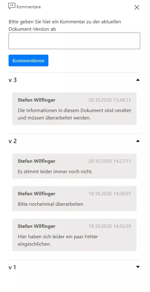 All version comments shown in the editing library of the SharePoint document management system