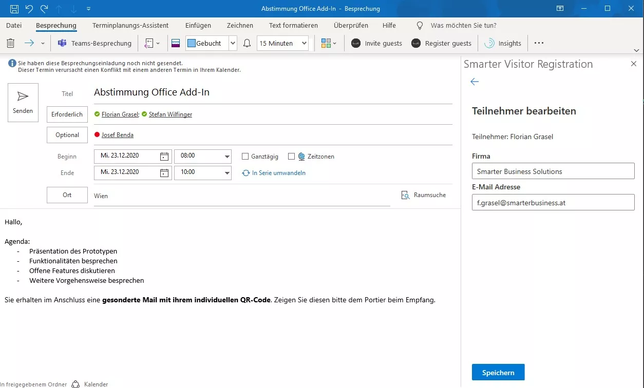 Visitor registration: Edit Outlook contacts — complete data