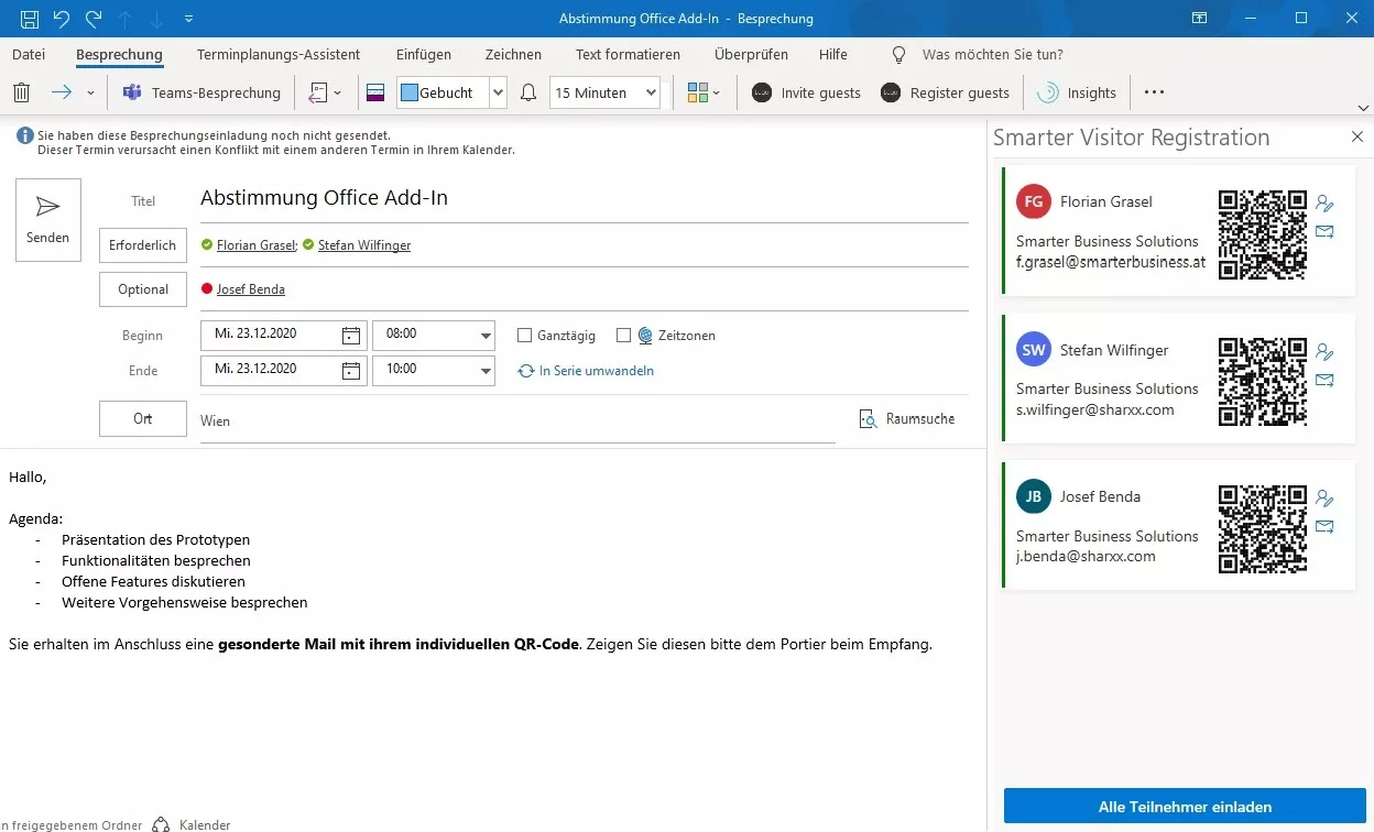 Visitor registration: Invite guests — list and QR codes