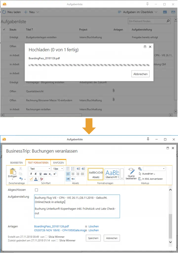 SharePoint attachment upload confirmed inside Outlook