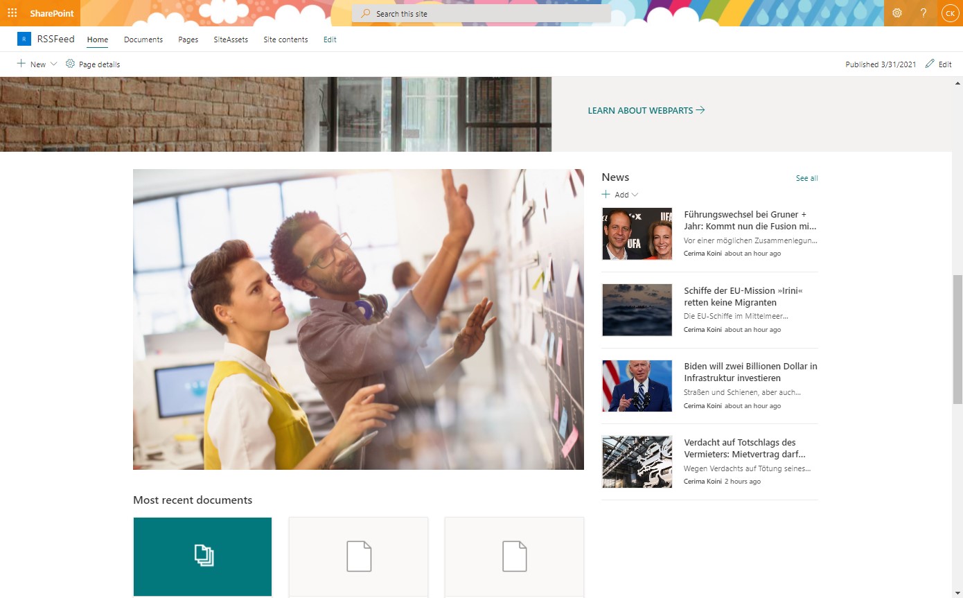 RSS feeds on SharePoint communication sites – sample view