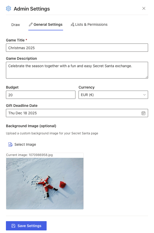 Secret Santa Admin-Einstellungen