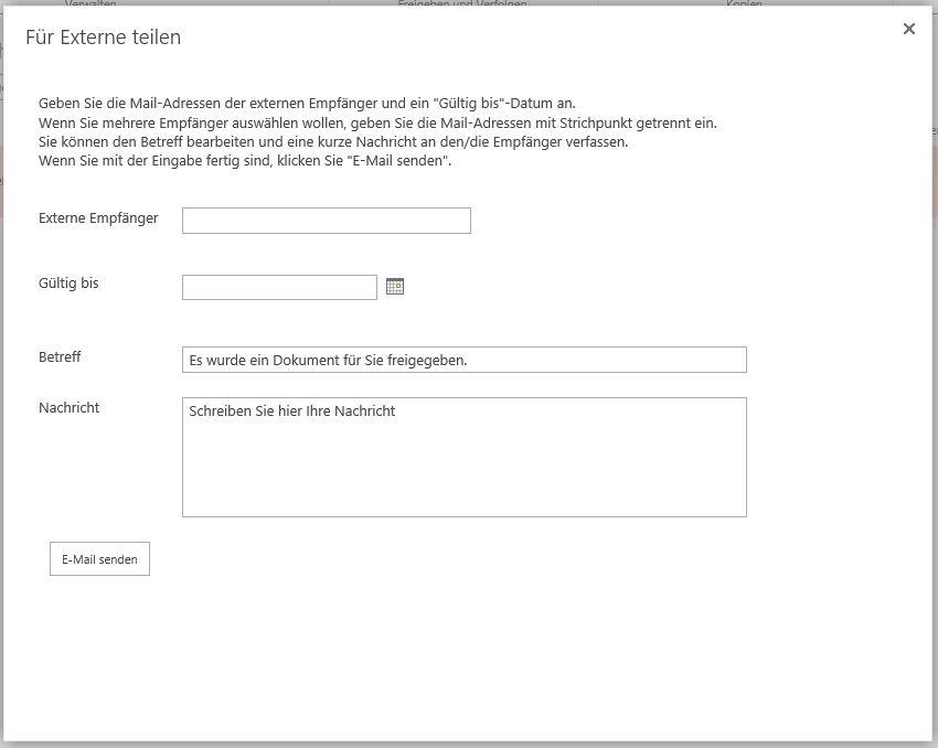 SharePoint Dialog für Freigabe von Dateien an Externe