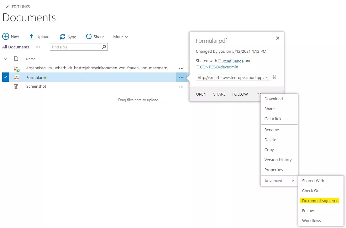 SharePoint: “Sign document” menu button