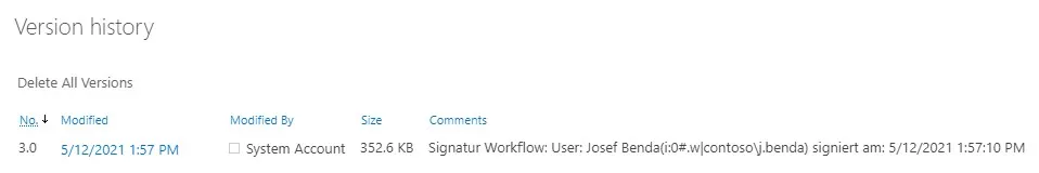 SharePoint: Version history showing signature times