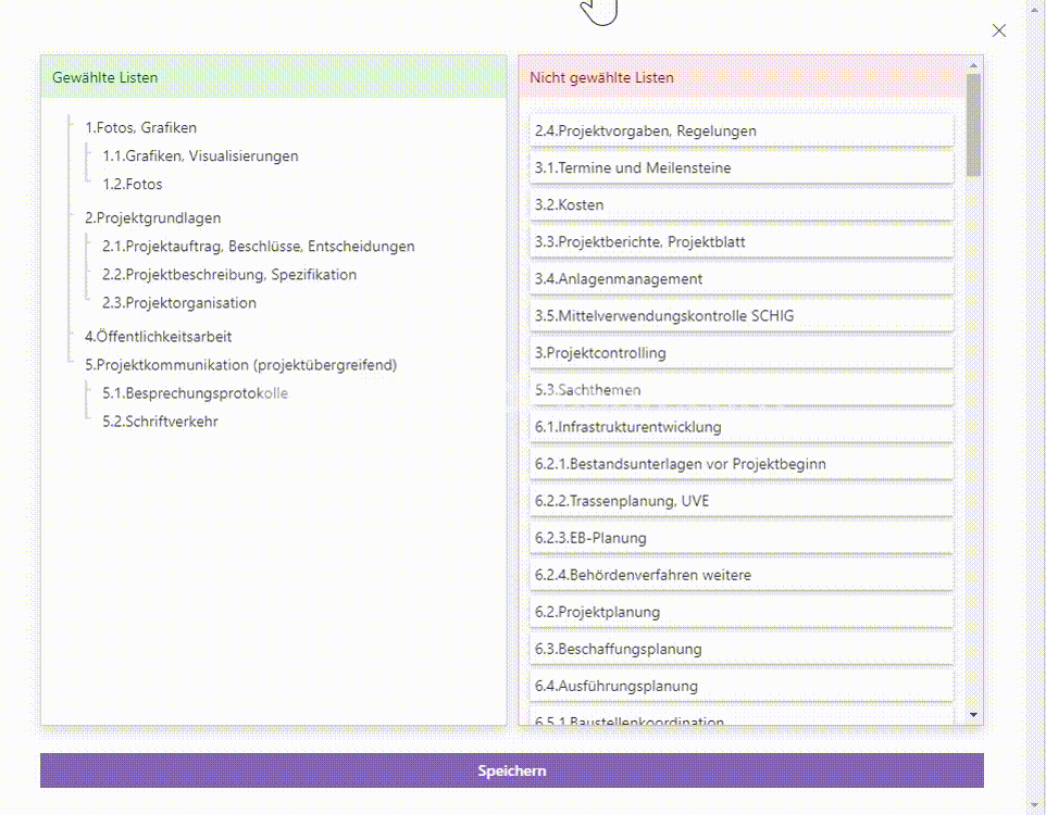 Add lists to the navigation via drag and drop