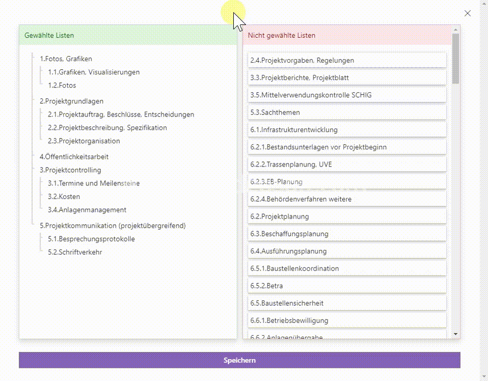 Remove lists from the navigation via drag and drop