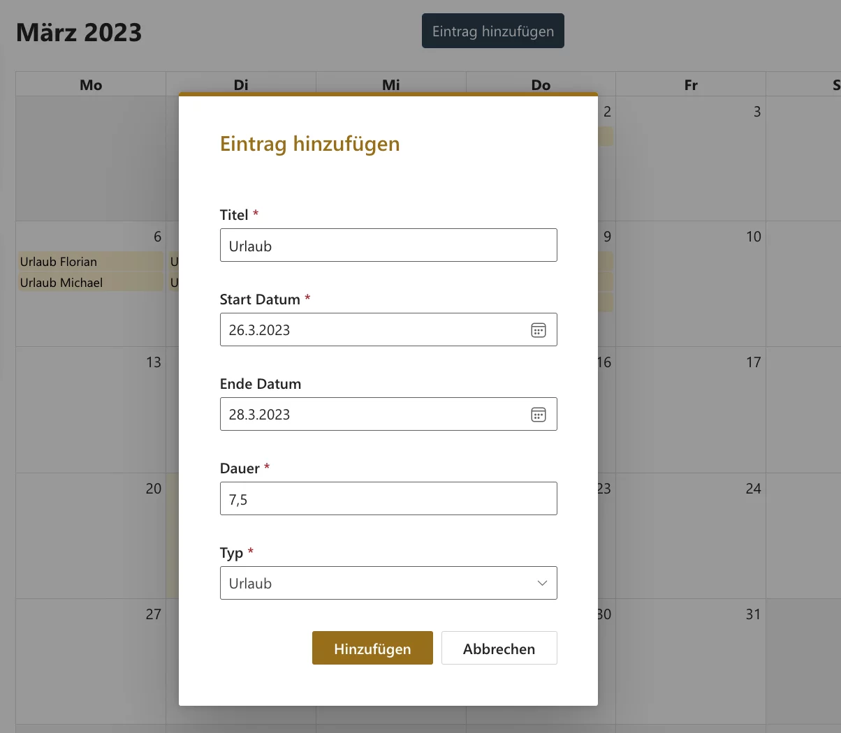 SharePoint Vacation Calendar: Add Entry Dialog