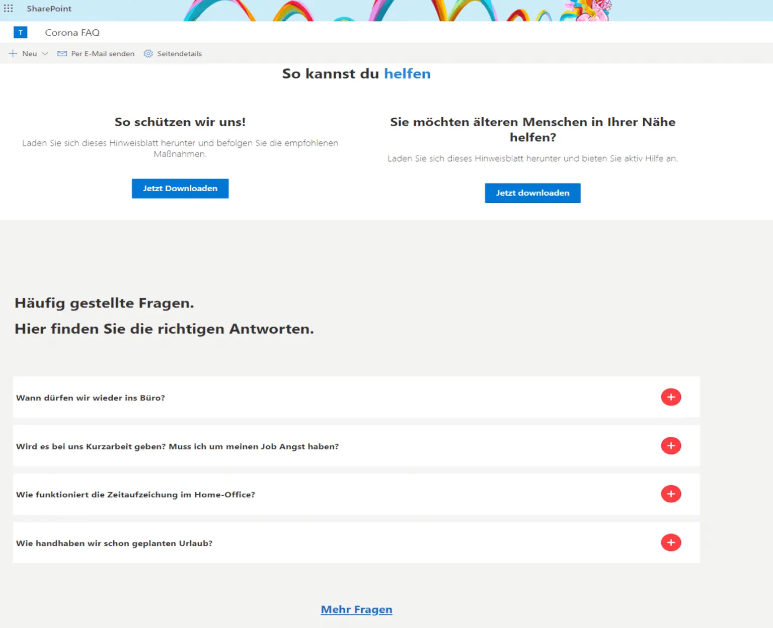 Screenshot of the Corona crisis information page in SharePoint