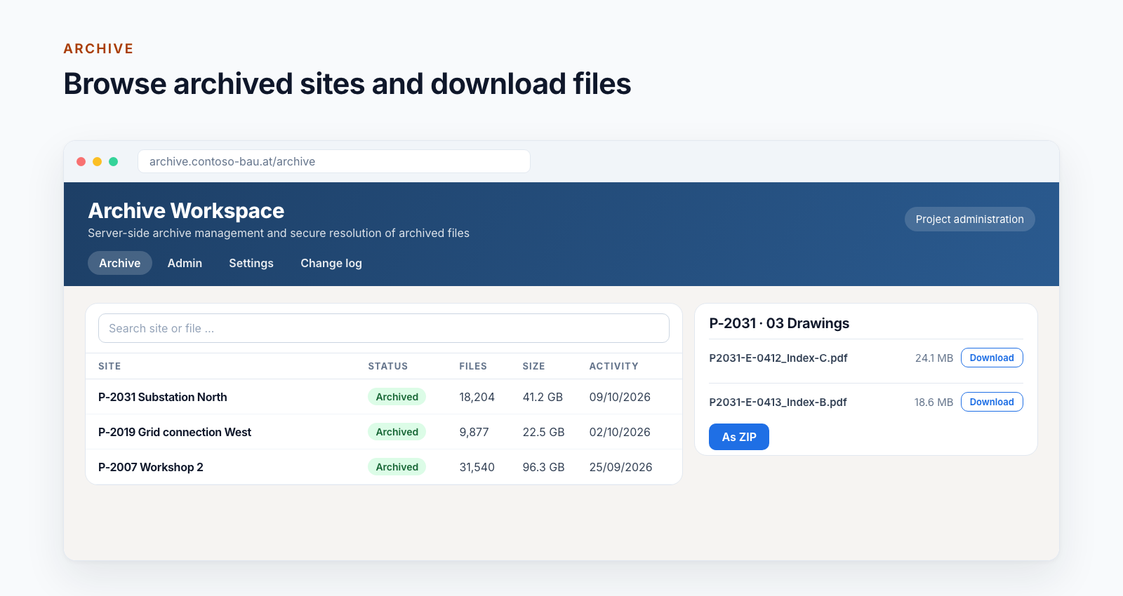 Archive view with search field, table of archived sites with status, files, size and last activity, next to it the files of a folder with download and ZIP