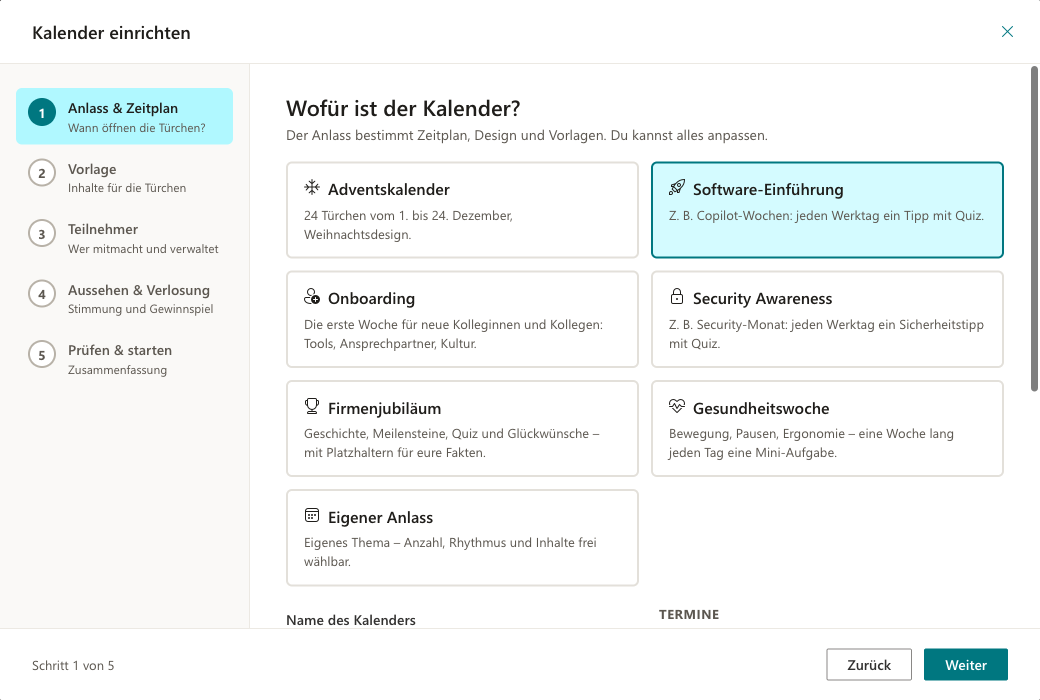 Einrichtungsassistent im Schritt Anlass und Zeitplan
