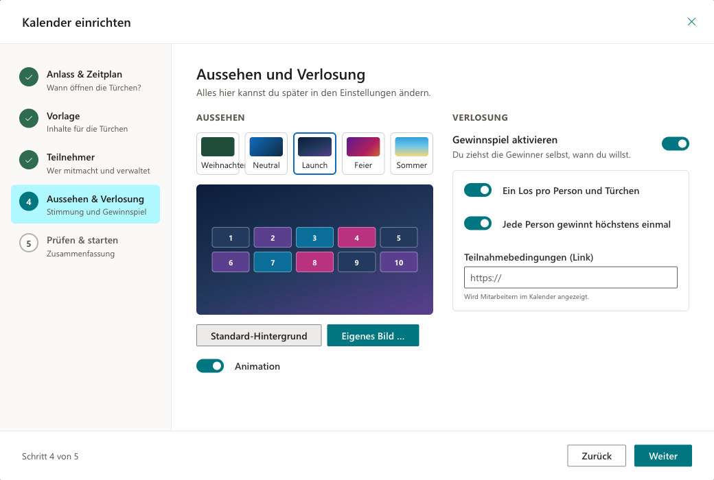 Assistent im Schritt Aussehen und Verlosung