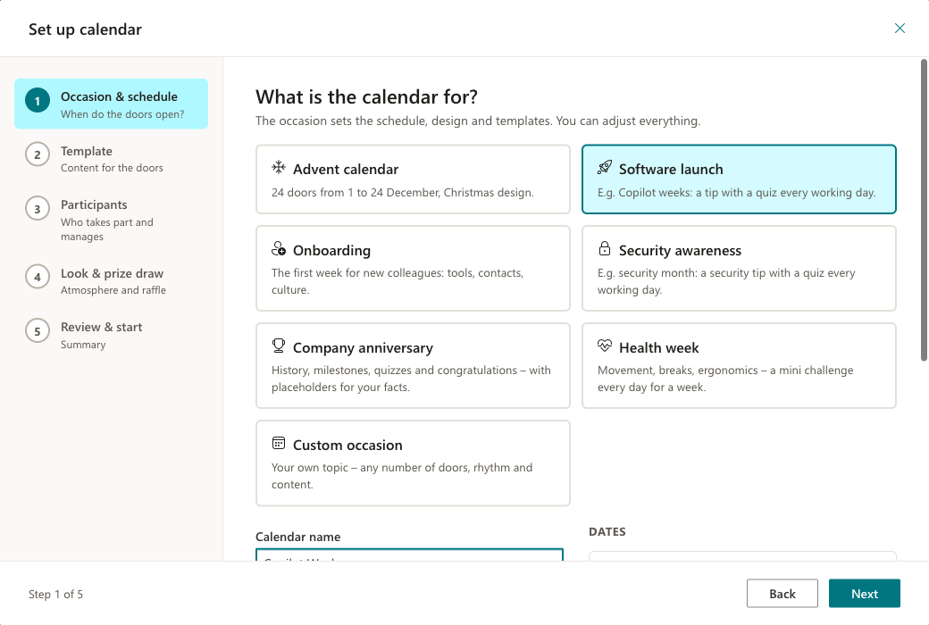 Setup wizard at the Occasion and schedule step