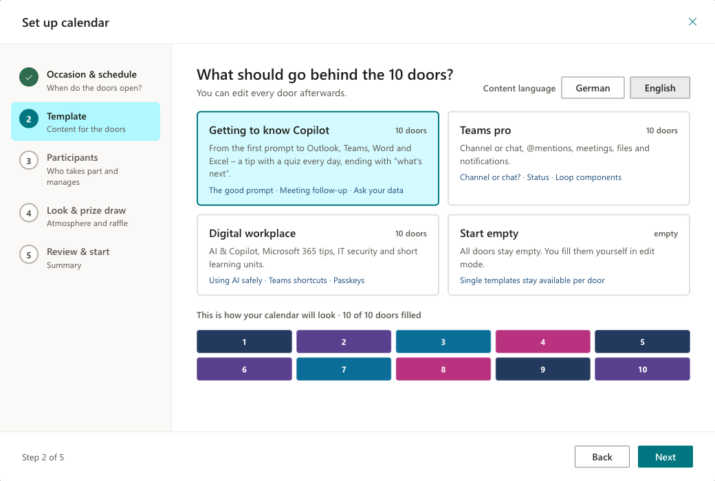 Wizard at the Template step with the content packs