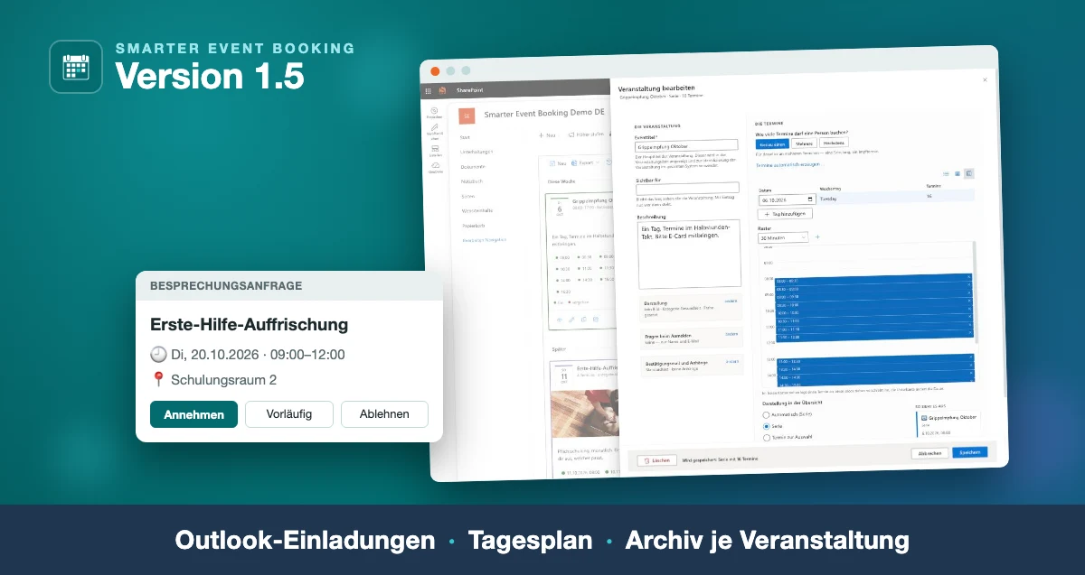Smarter Event Booking 1.5: Tagesplan im Bearbeitungsformular und eine Outlook-Besprechungsanfrage, darunter „Outlook-Einladungen · Tagesplan · Archiv je Veranstaltung“