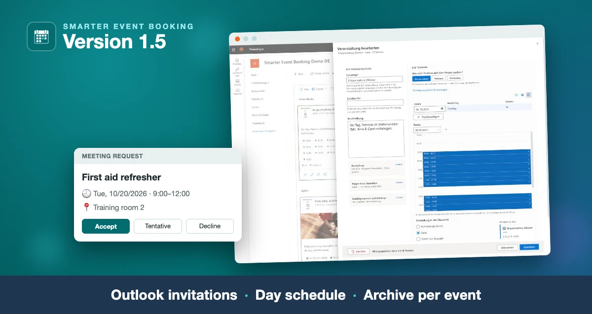 Smarter Event Booking 1.5: the day schedule in the edit form and an Outlook meeting request, captioned “Outlook invitations · Day schedule · Archive per event”