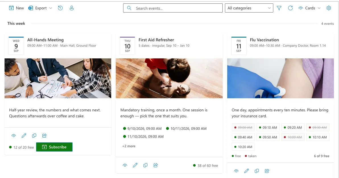 Card view of Smarter Event Booking showing three events