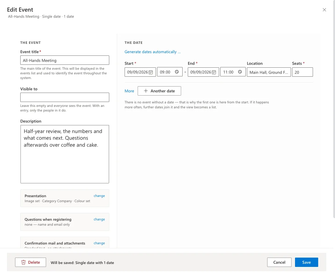 The form for creating an event in Smarter Event Booking