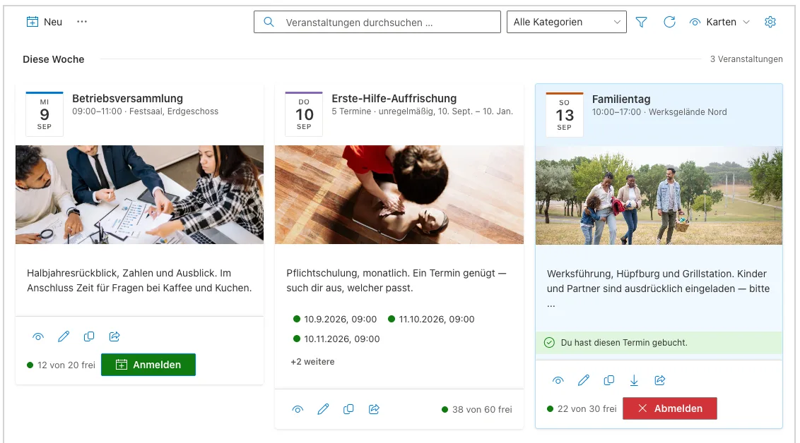 Kartenansicht mit drei Veranstaltungen