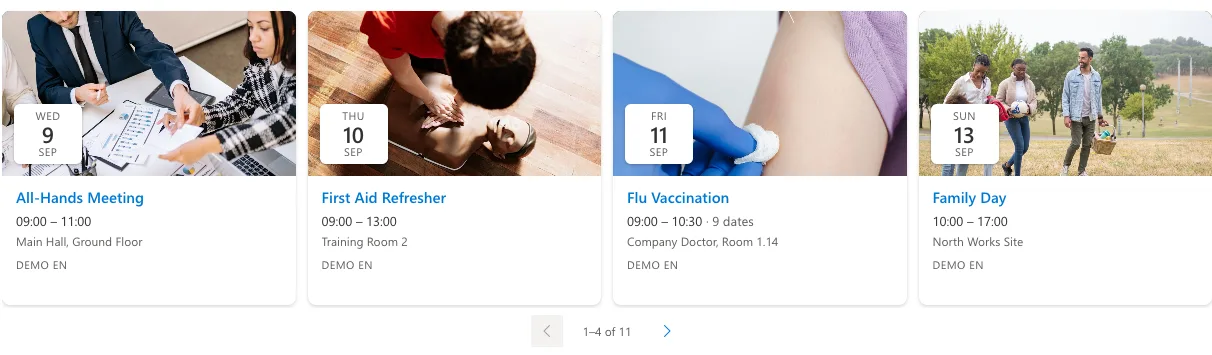 The overview web part rendered as a carousel with four upcoming dates