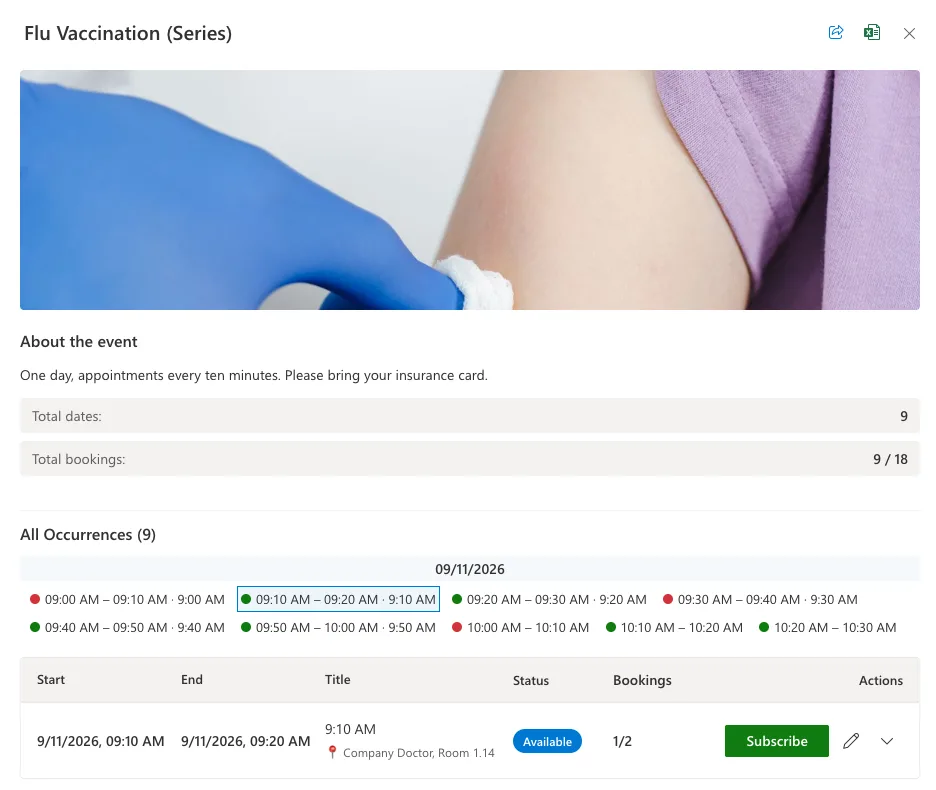 Grid of time slots for a vaccination day with the slot booked by the current user