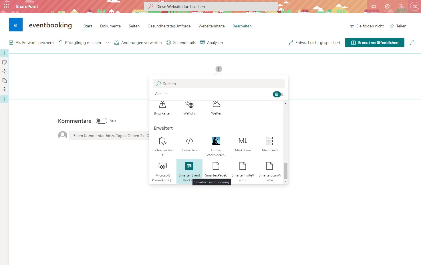 Event Booking Webpart-Einstellungen