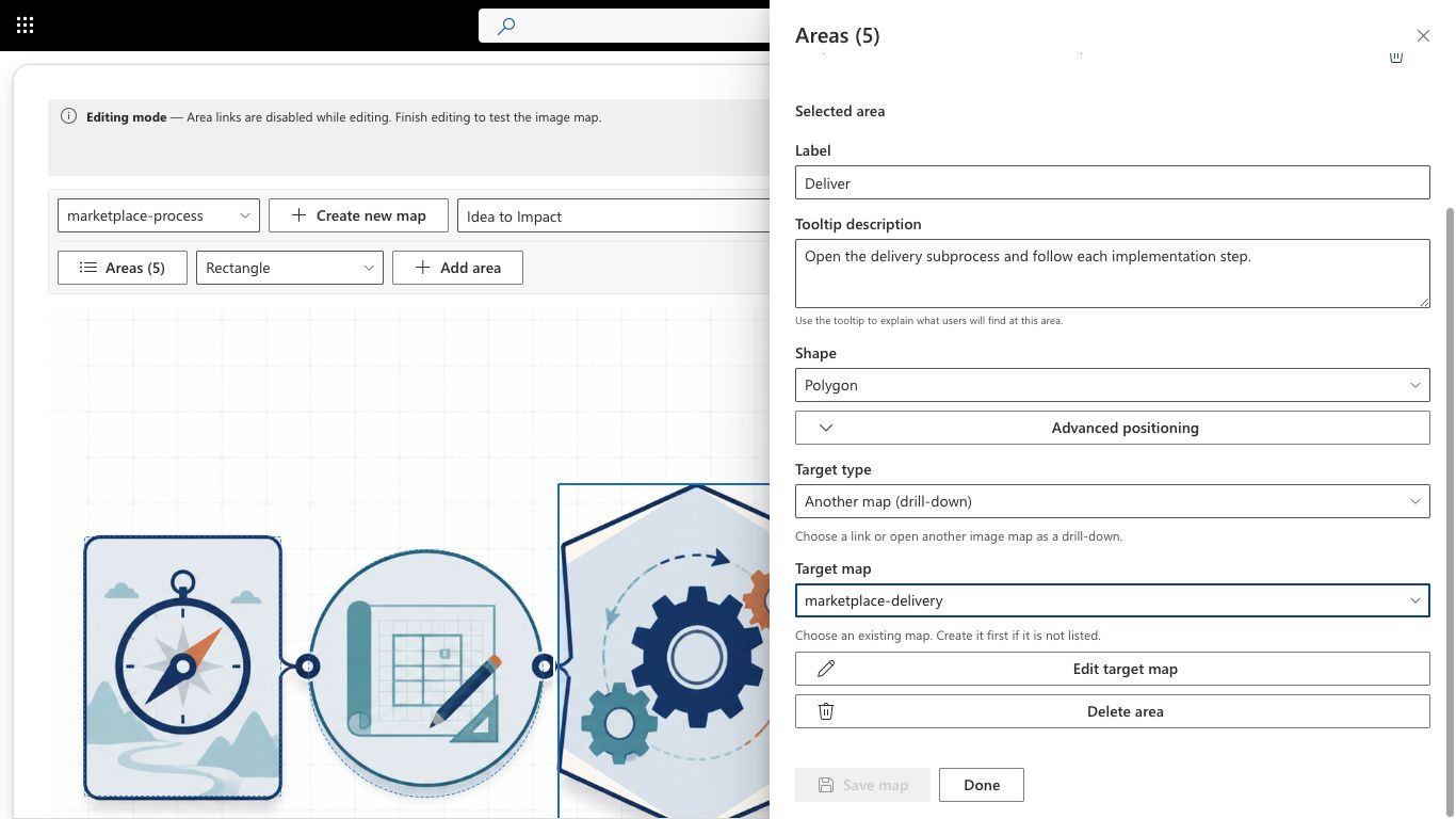 Area settings with Another map selected as target type and a detail map assigned