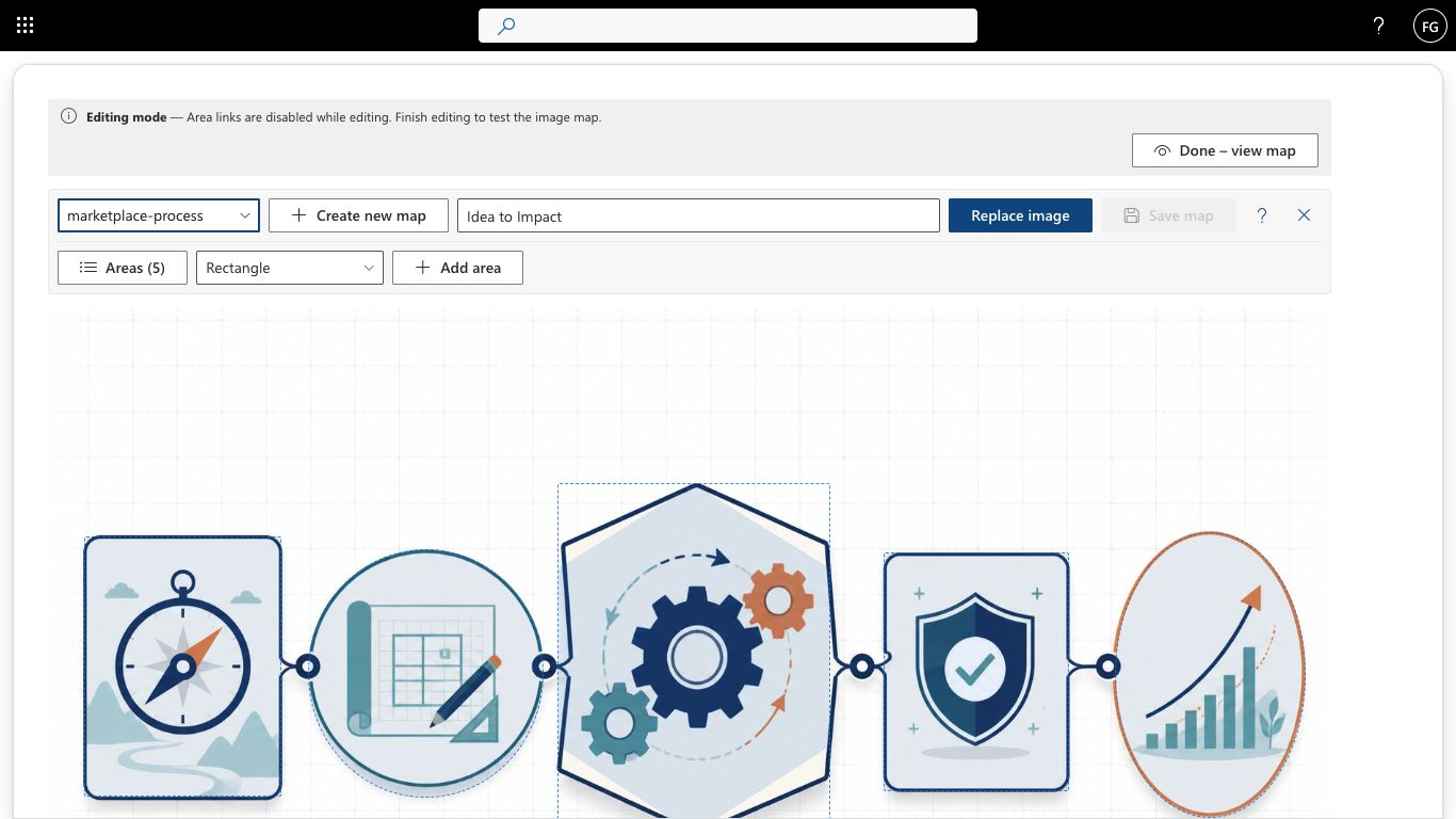 Smarter Image Map editor in SharePoint with five highlighted process stages and the areas panel open