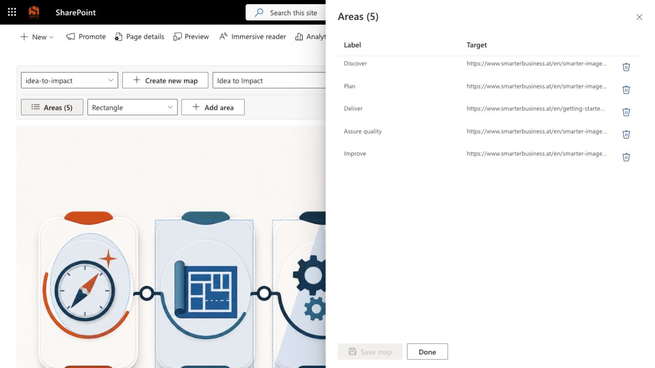 Smarter Image Map editor in SharePoint with five areas and the editing panel open